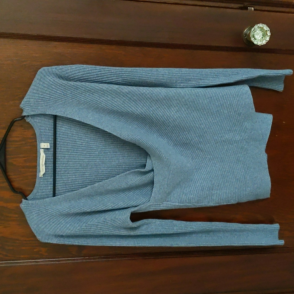 Soft Surroundings Blue Ribbed Long Sleeve Faux Wrap Sweater Size Medium